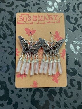 Silver Butterfly Dangle Earrings in Soft Pink